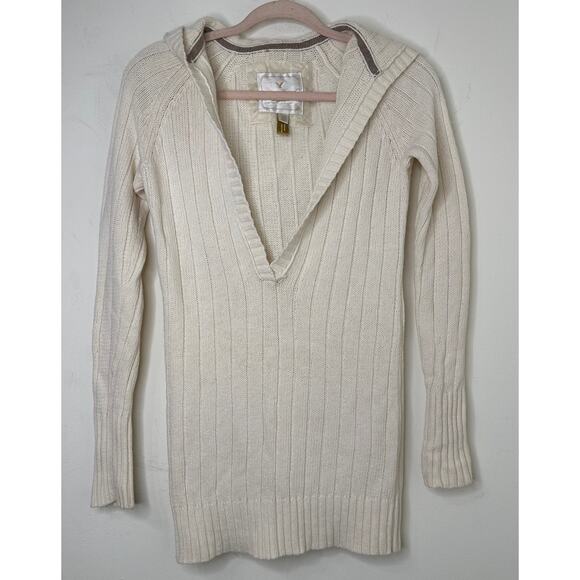 XS Y2K VTG American Eagle Ivory Ribbed Deep V-Neck Hoodie Sweater Elena Gilbert - Picture 2 of 7